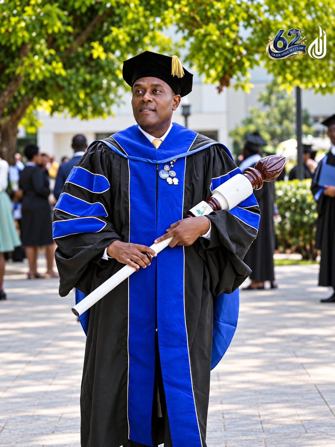 Le Dr Amstrong Jean Charles en procession académique, la masse à la main.