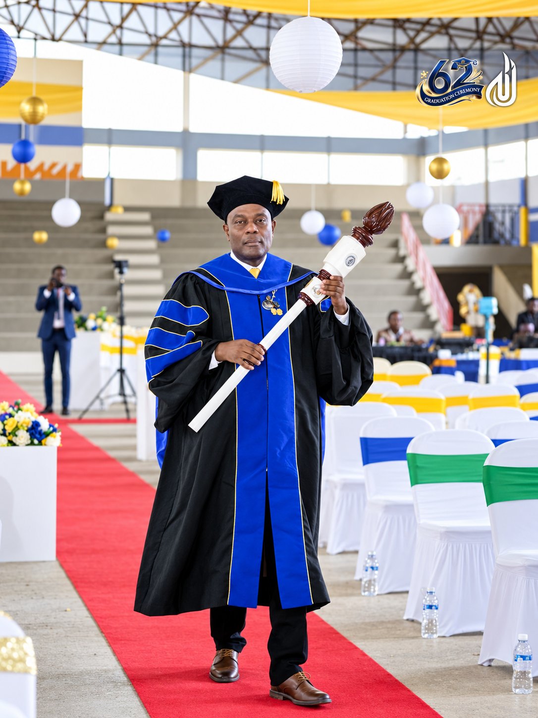 Le Dr Amstrong Jean Charles portant la masse académique sur le tapis rouge de la cérémonie.